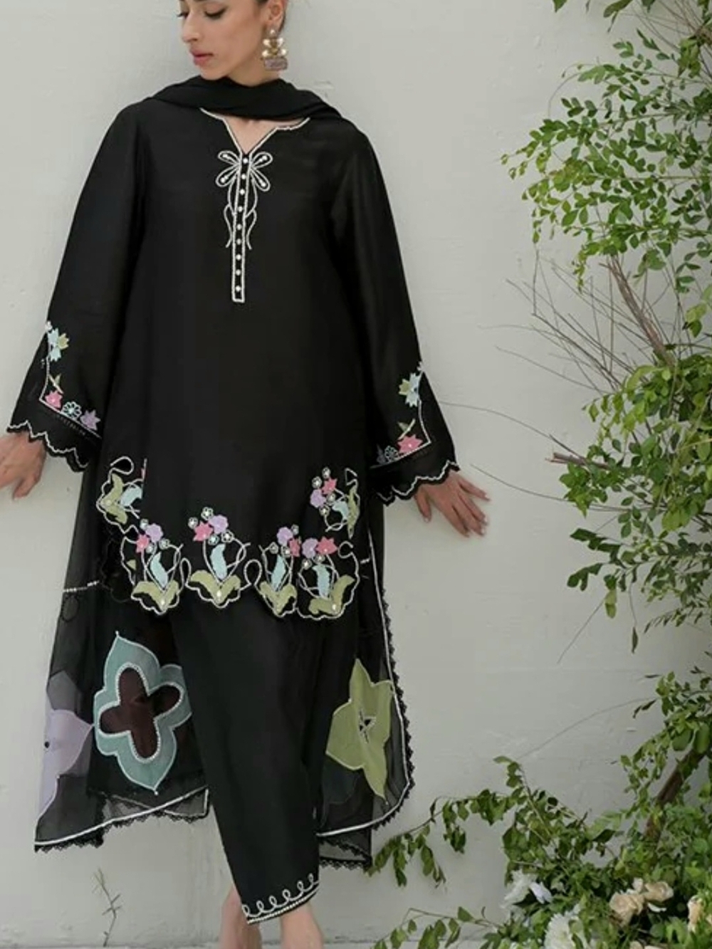 Black Embroidered Custom Made Floral Kurta Set